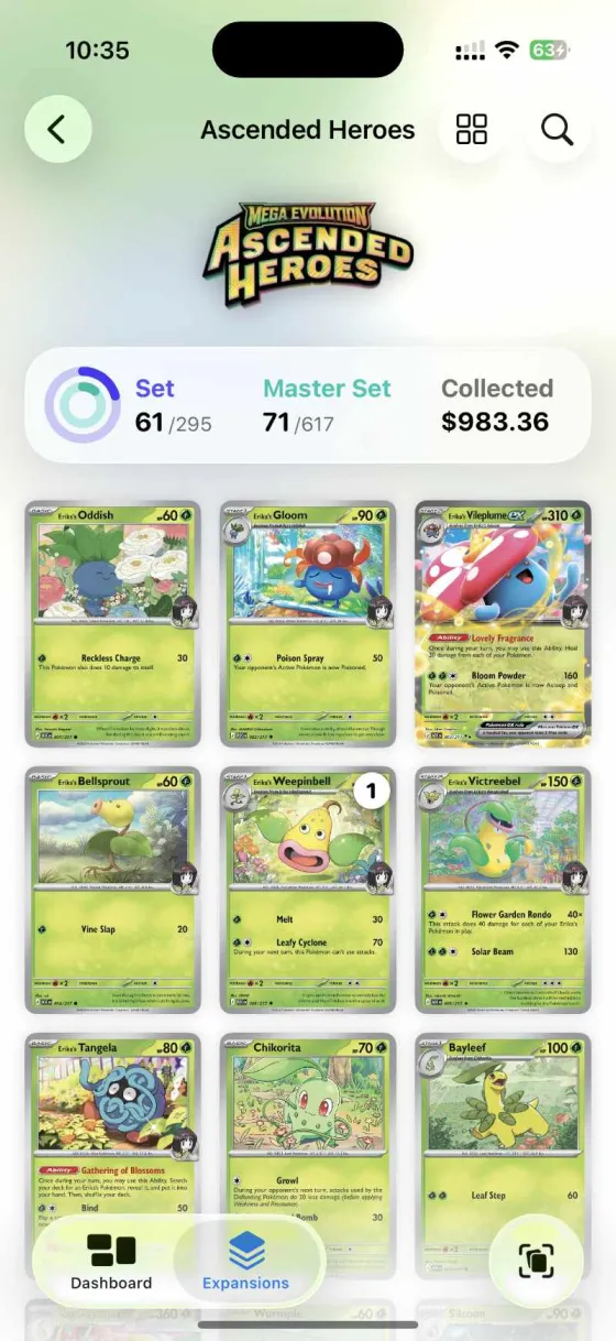 Valusaur expansions screen showing sets organized by series