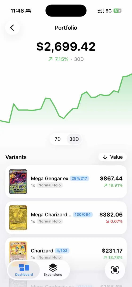 Valusaur portfolio screen showing total collection value over time