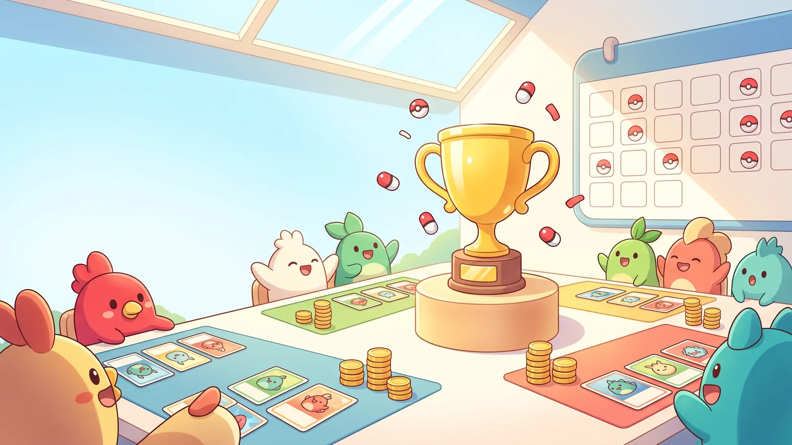 Bright illustration of a card tournament: a golden trophy on a podium, cute creatures playing cards at tables, gold coin stacks, and a wall calendar marked with capsule-ball stickers.