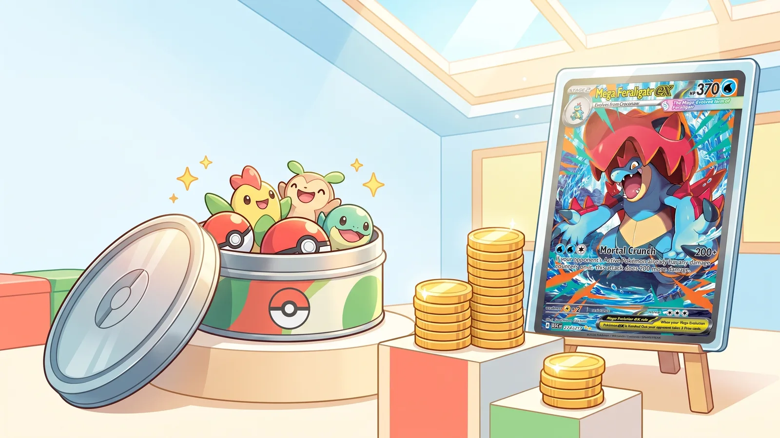 An open Ascended Heroes collector tin spills cheerful creatures and Poke Balls beside gold coin stacks and a displayed Mega Feraligatr ex promo card, illustrating a restock cooling chase-card prices