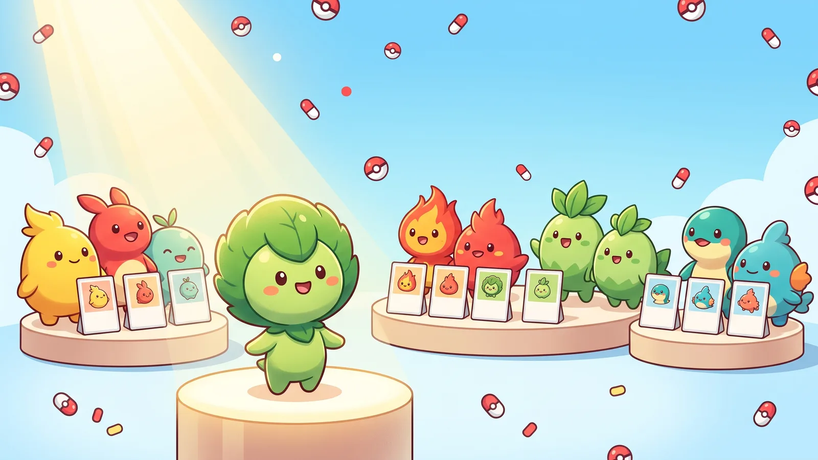 Illustration of three trios of round starter-style creatures on a bright stage, with one grass-type creature spotlighted in front as the breakout favorite