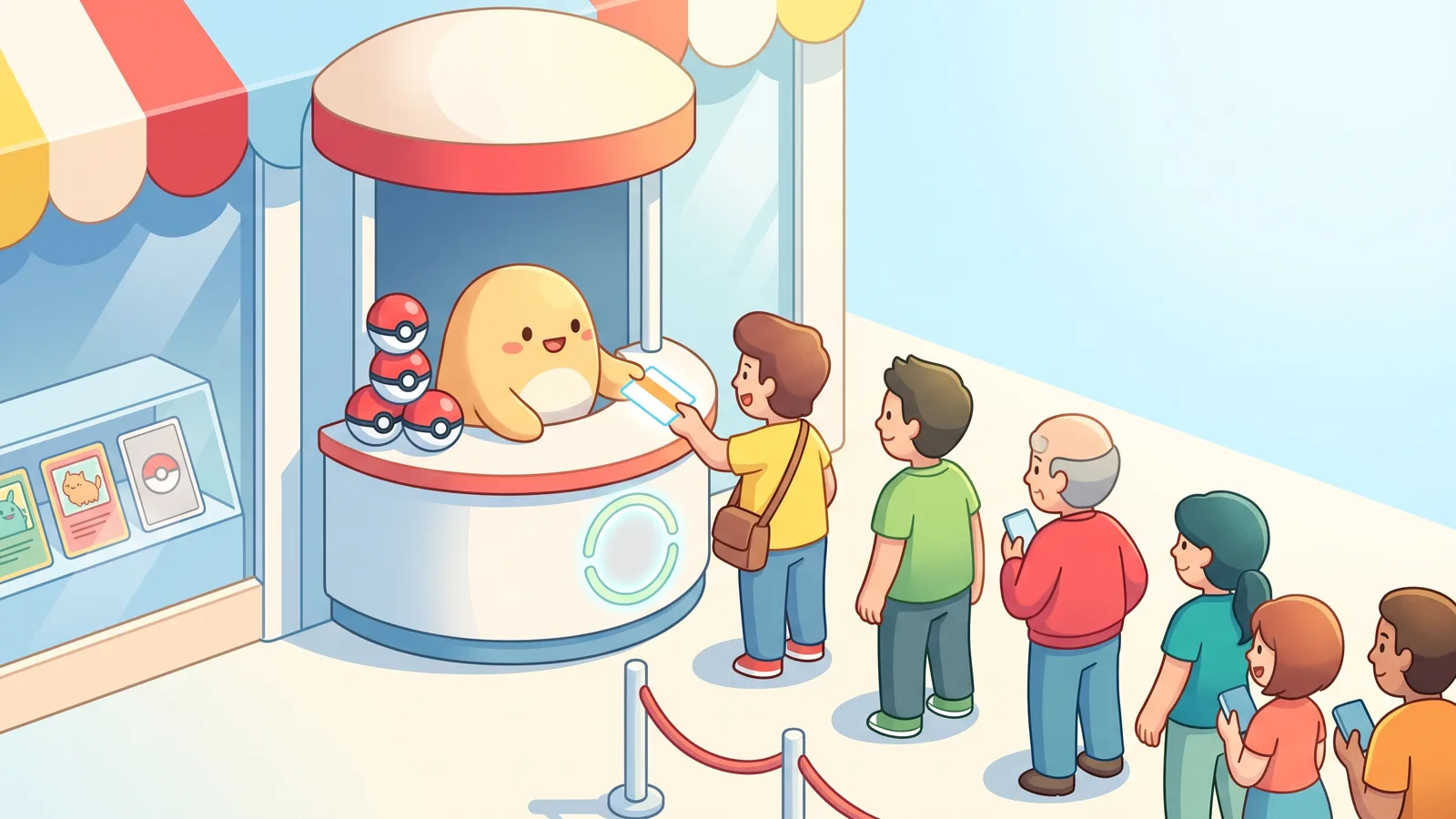 Illustrated pop-up Pokemon card store with a friendly round creature handing a blank ticket to the first collector in an orderly line, a display case of cute creature cards nearby, bright sunny plaza