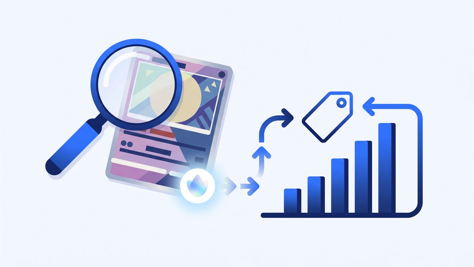 Illustration of a magnifying glass inspecting a trading card, with an arrow leading to a price tag and a rising bar chart, representing scanning a card to reveal its market value