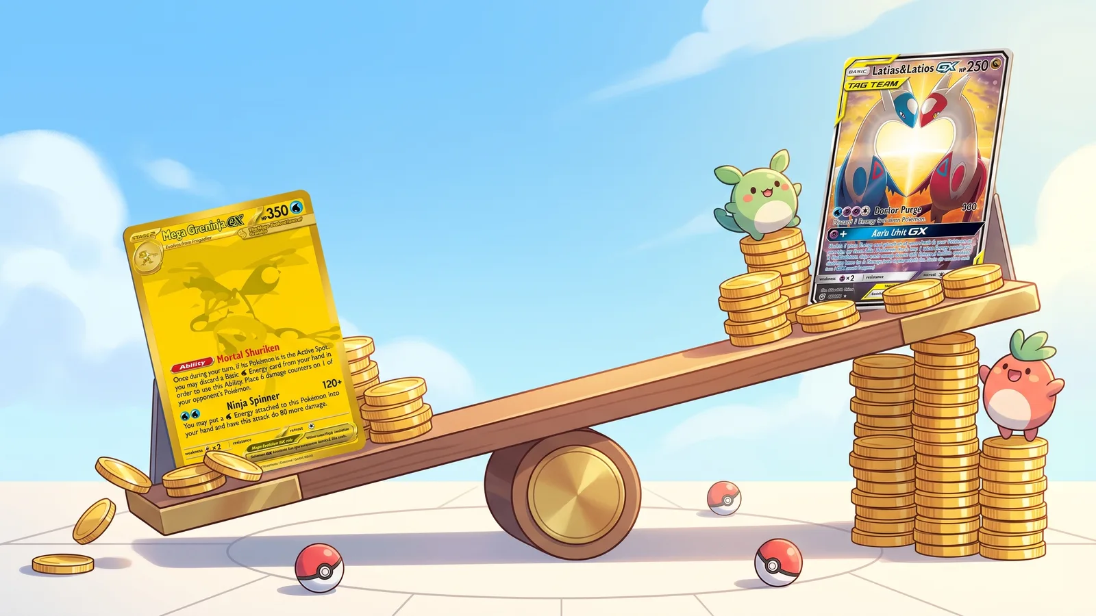 A seesaw of gold coins tips a Mega Greninja ex card down while a Latias and Latios GX card rises, with round creatures playing among the coins in a sunny plaza