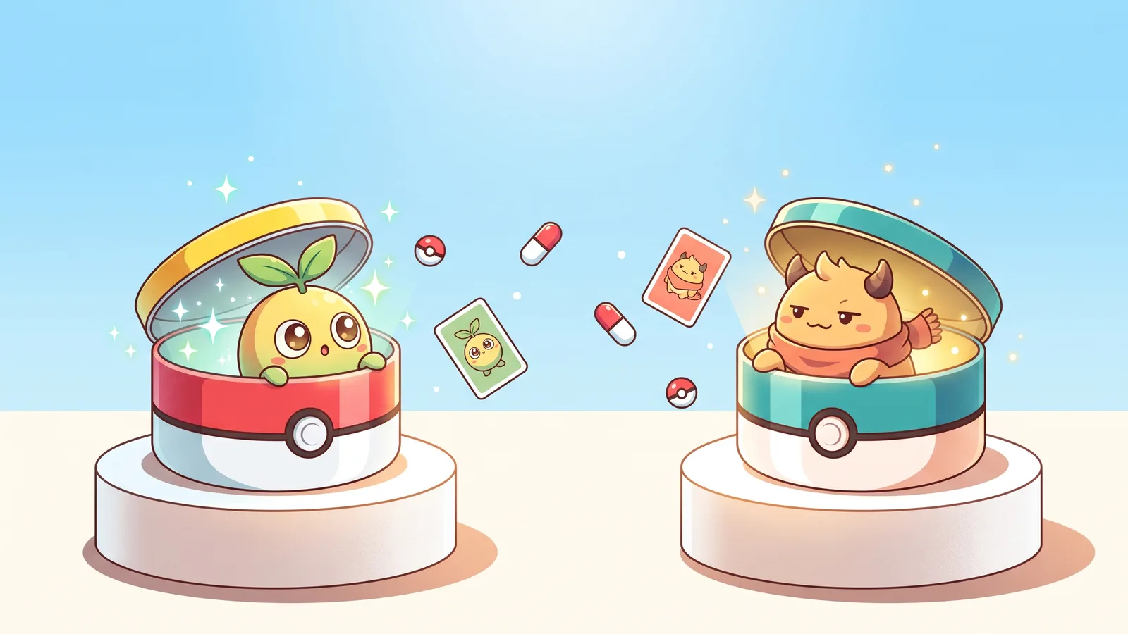 Two glossy Poke Ball-style tins on twin pedestals under a blue sky, one with a fresh sparkling creature peeking out, the other warm and confident, cards and capsule motifs floating between them
