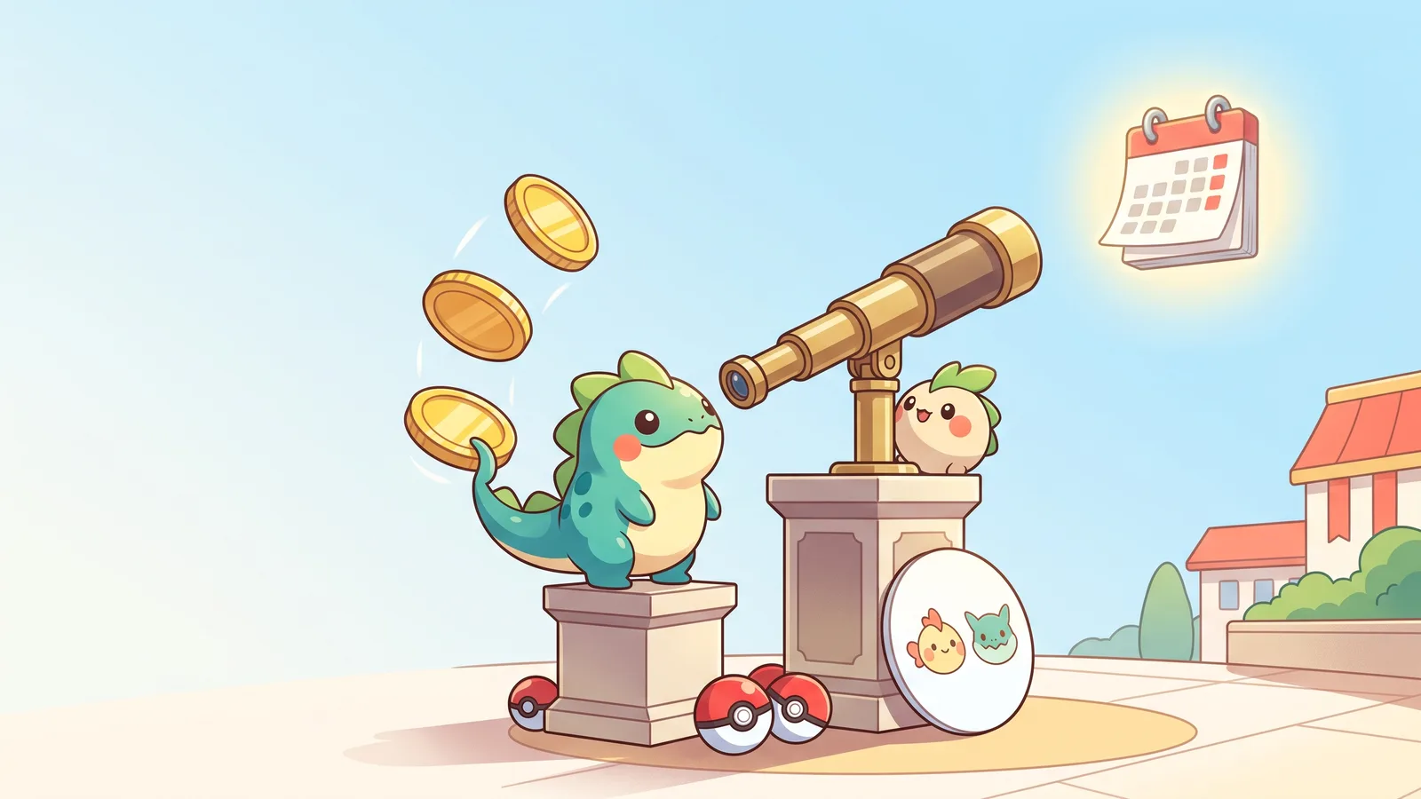A round green creature flips three giant gold coins beside a brass telescope aimed at a glowing calendar page in a sunny plaza