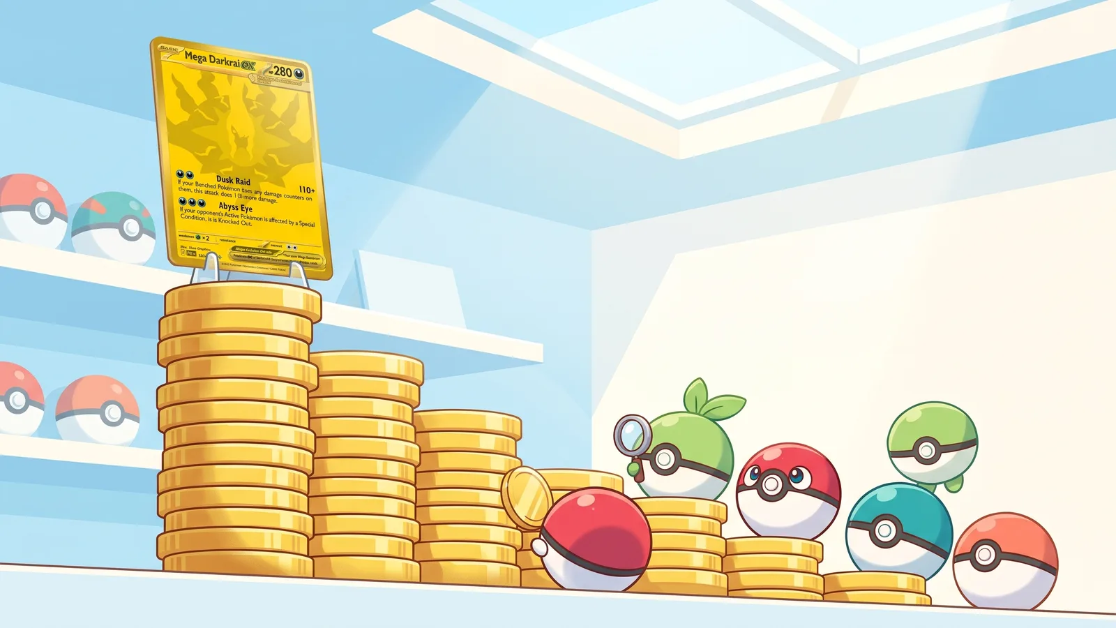 Mega Darkrai ex card atop a descending staircase of gold coin stacks, with cute creatures watching from the shorter steps, illustrating Pitch Black chase card prices falling in week one