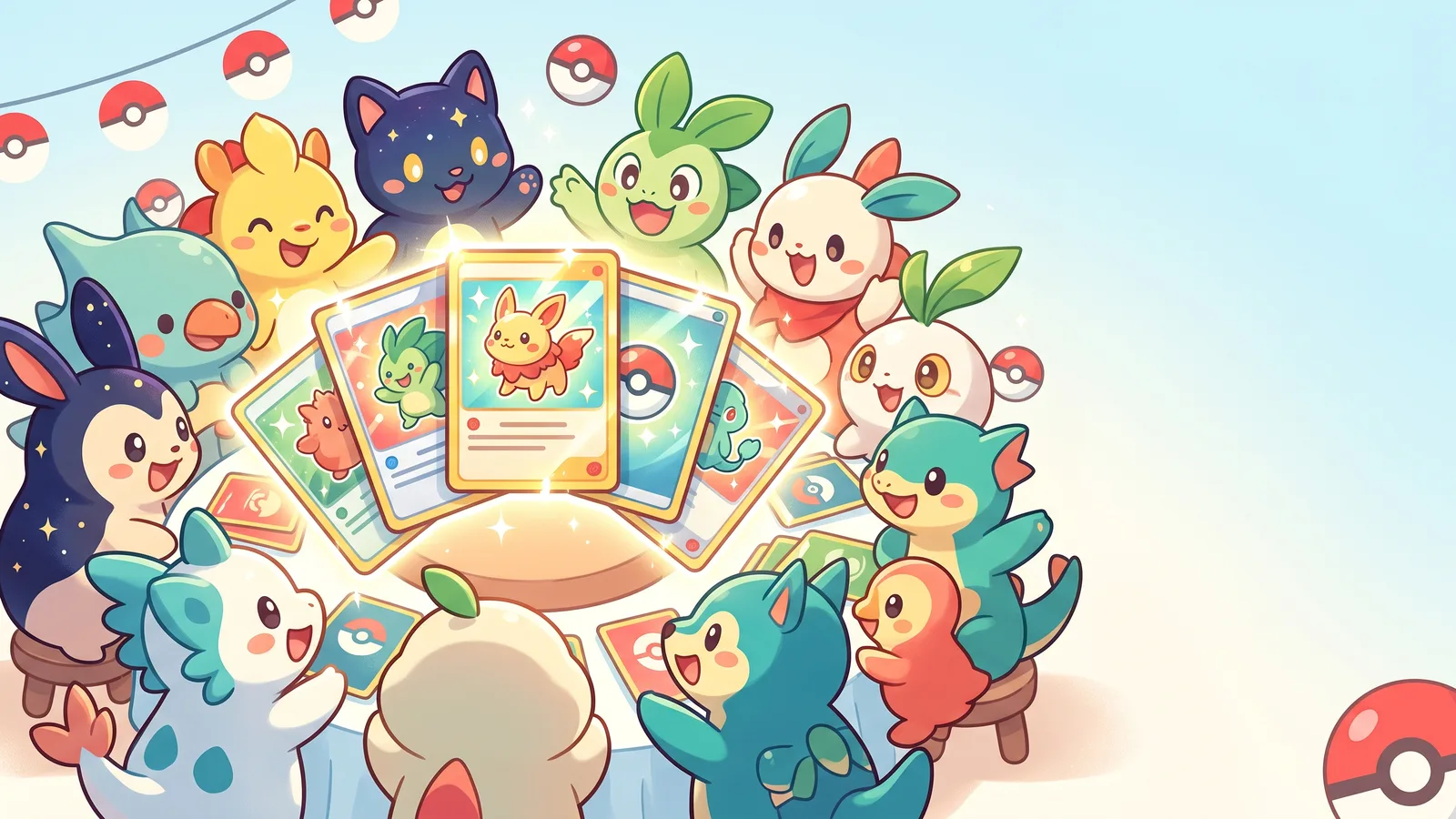 Cute original creatures gathered around a glowing fan of oversized trading cards at a sunny outdoor card-collecting table