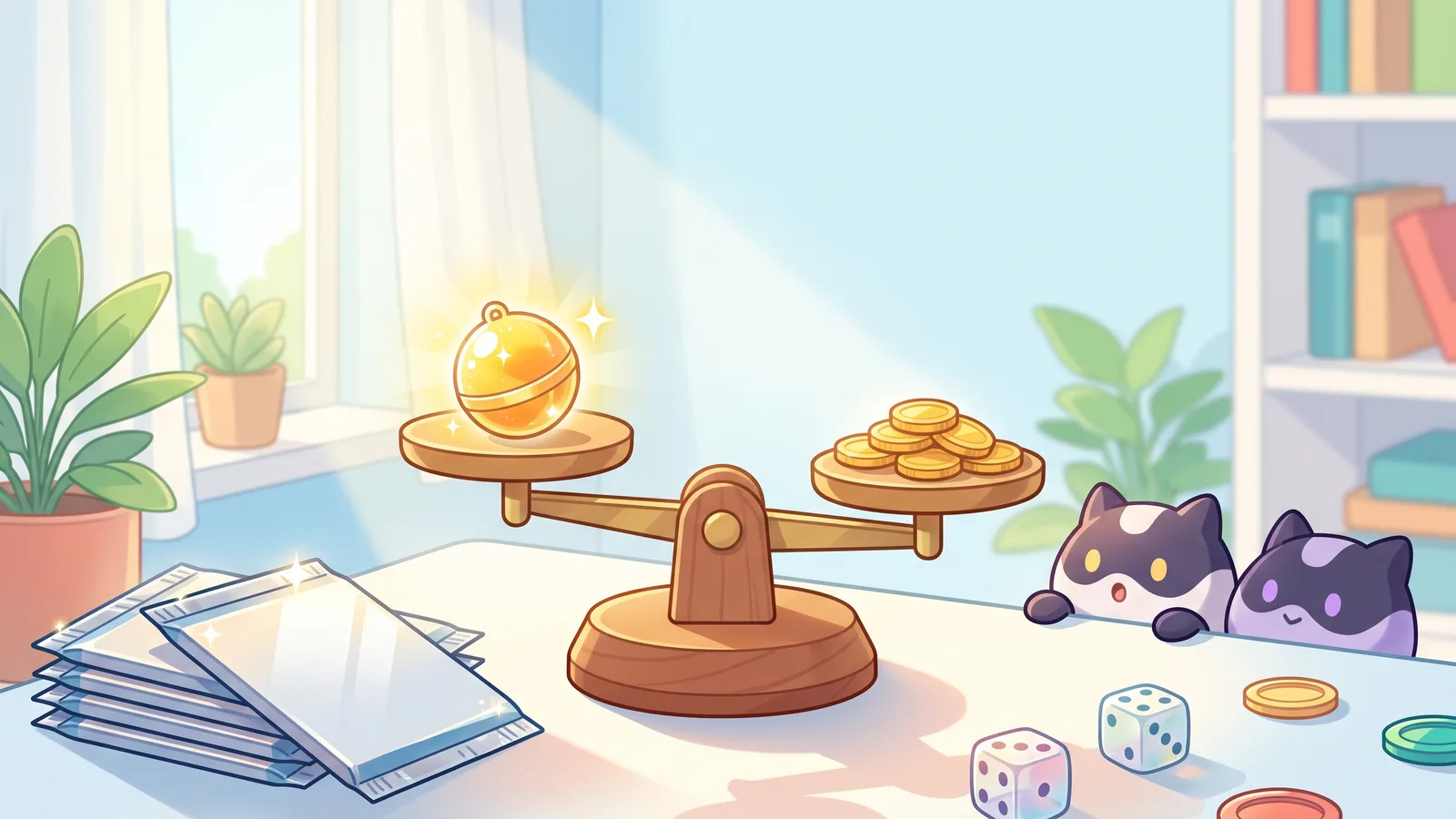 A balance scale weighs a glowing gold charm against a pile of coins beside stacked booster packs and dice, illustrating booster box odds