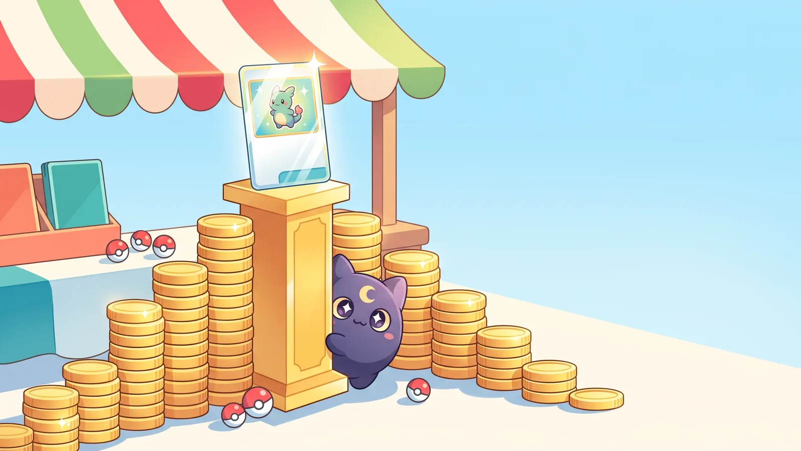 A trading card glows atop a golden pedestal flanked by two staircases of coins, one rising and one descending, with a cute shadowy creature peeking out at a sunny market stall.
