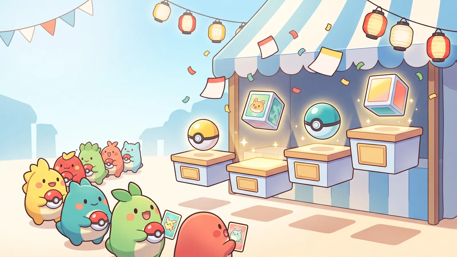 Cute round creatures with capsule balls queue at a sunny festival stall toward glowing display podiums, one already empty, for a Pokemon TCG preorder story