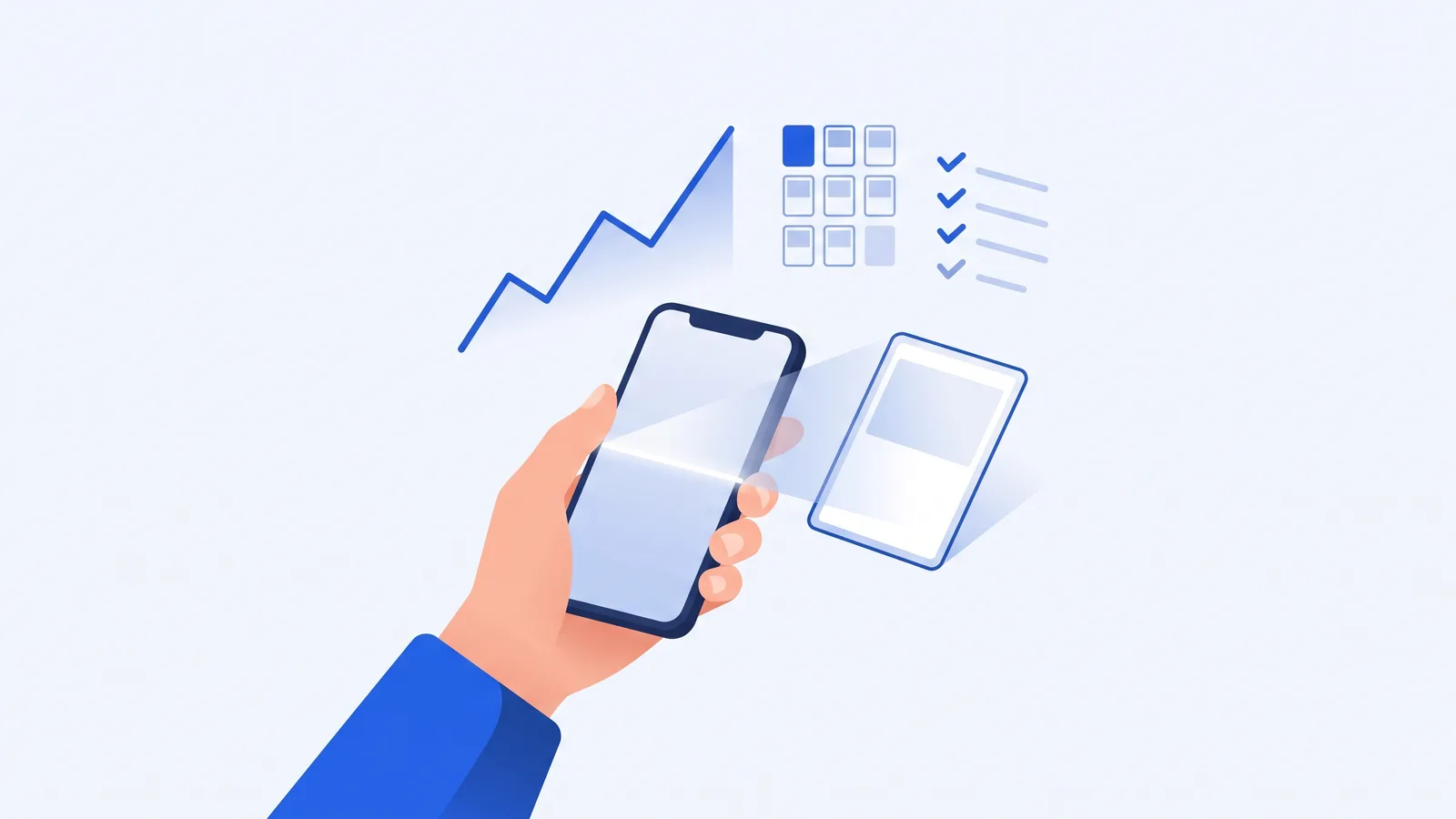 Illustration of a hand scanning a Pokémon card with a phone, surrounded by icons for a rising value chart, a collection grid, and a set completion checklist