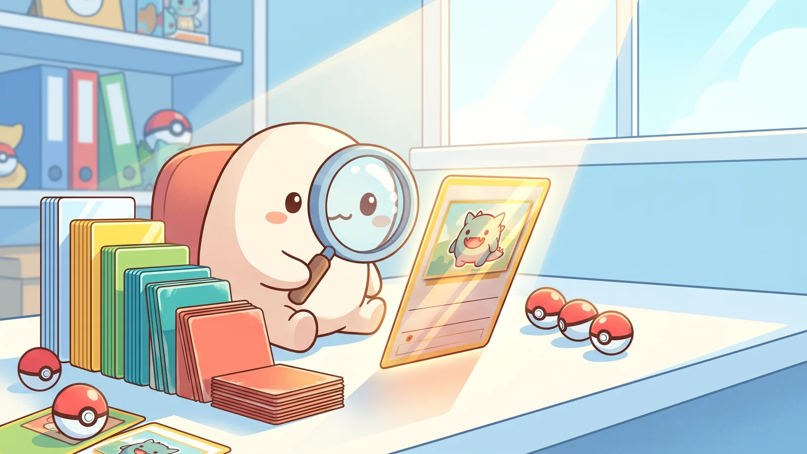 A cute round creature inspects a glowing Pokémon-style trading card with a magnifying glass beside a staircase of card sleeves in graduating condition, on a sunny collector's desk
