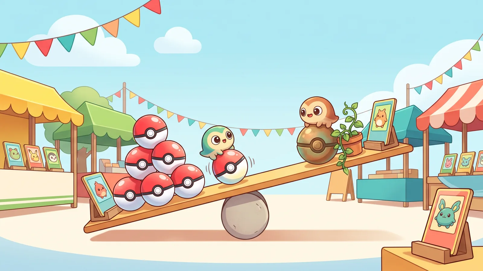 A seesaw balances shiny new red-and-white capsule balls tipping down against an antique patina capsule ball tipping up, showing card values rotating from new hits to vintage classics