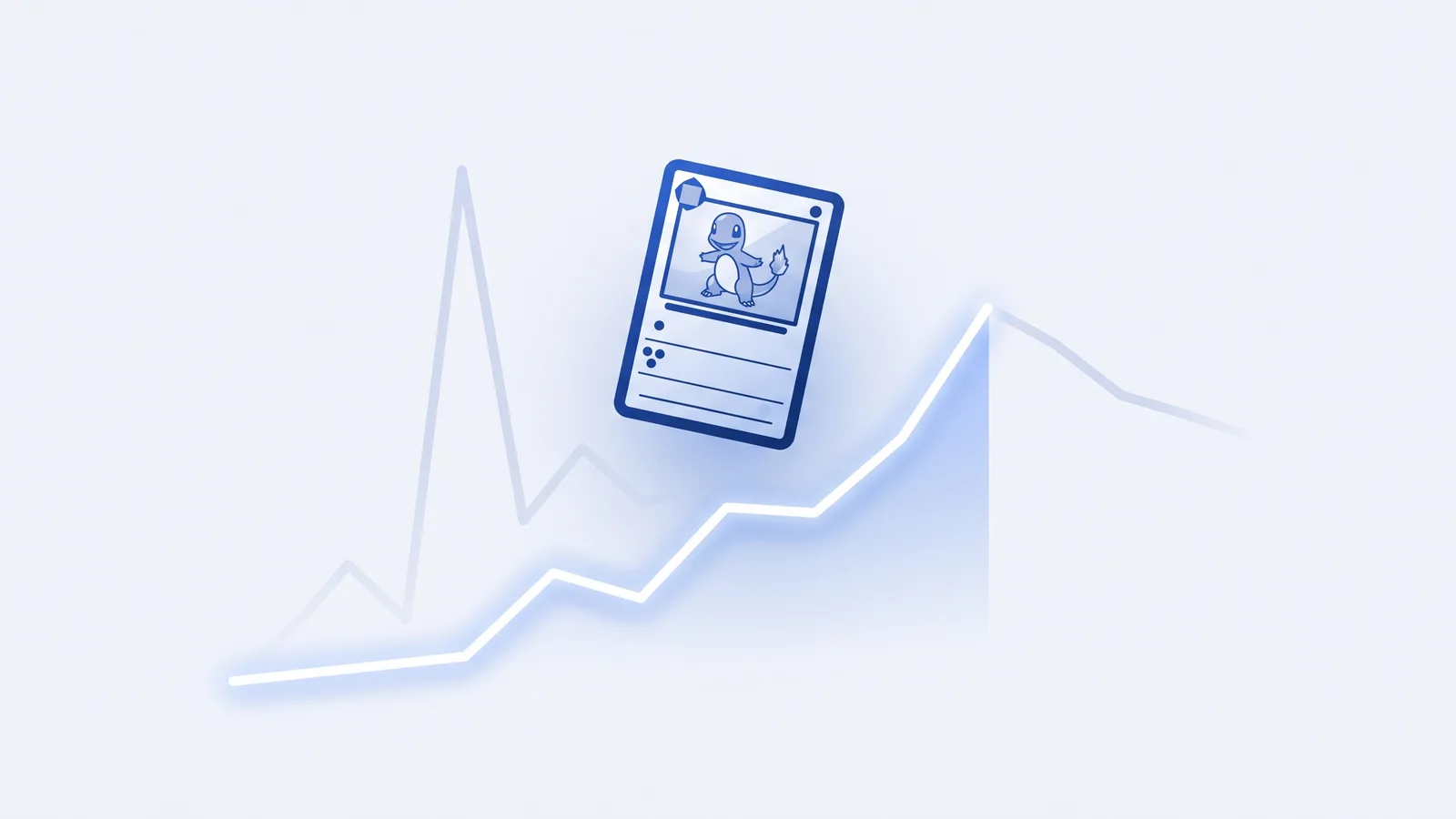A trading card floating above a rising price chart, with faint spike-and-drift trend lines behind it, illustrating Pokémon card price history