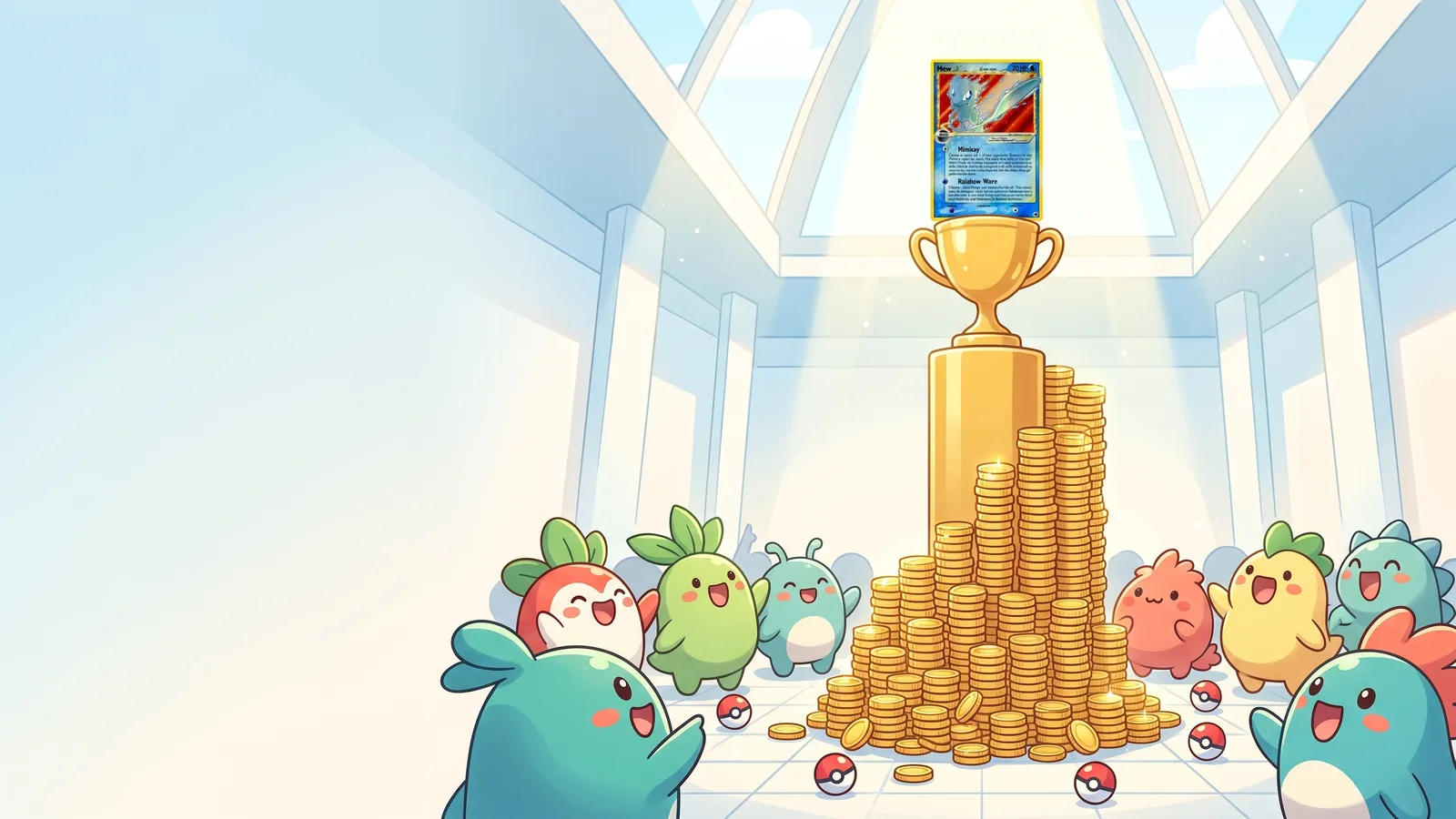 A vintage Pokemon card trophy atop a towering stack of gold coins as cheering creatures celebrate a record auction sale