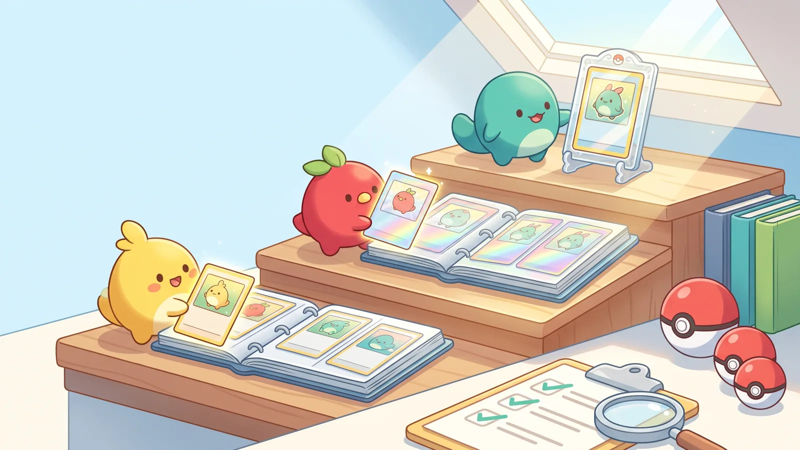 Cute creatures placing cards onto a rising three-tier shelf of binders showing the standard, reverse holo, and showcase tiers of a Pokemon master set, with a checklist and magnifying glass nearby