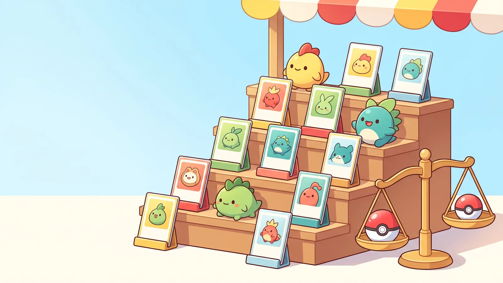 A tiered market display staircase with trading cards at different heights, beside a golden balance scale weighing a large and small red-and-white capsule ball, bright sunny sky