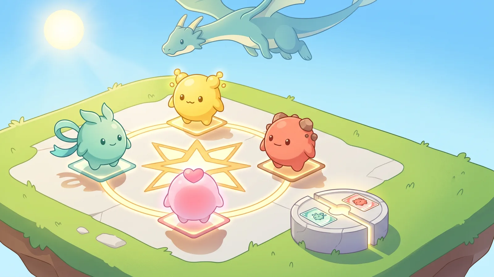 Four cute elemental creatures stand on glowing tiles around a shining star emblem in a sunny meadow, with a dragon-like creature gliding overhead and a split stone pedestal holding two card halves