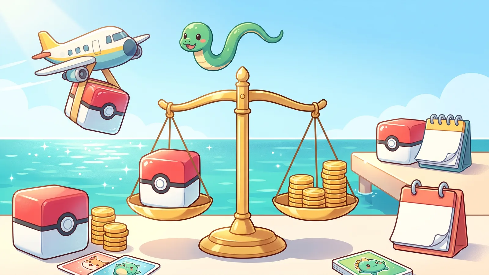 Balance scale weighing a booster box against gold coins, one box arriving by airplane and another waiting by blank calendars at a sunny sea, a green sky-serpent overhead