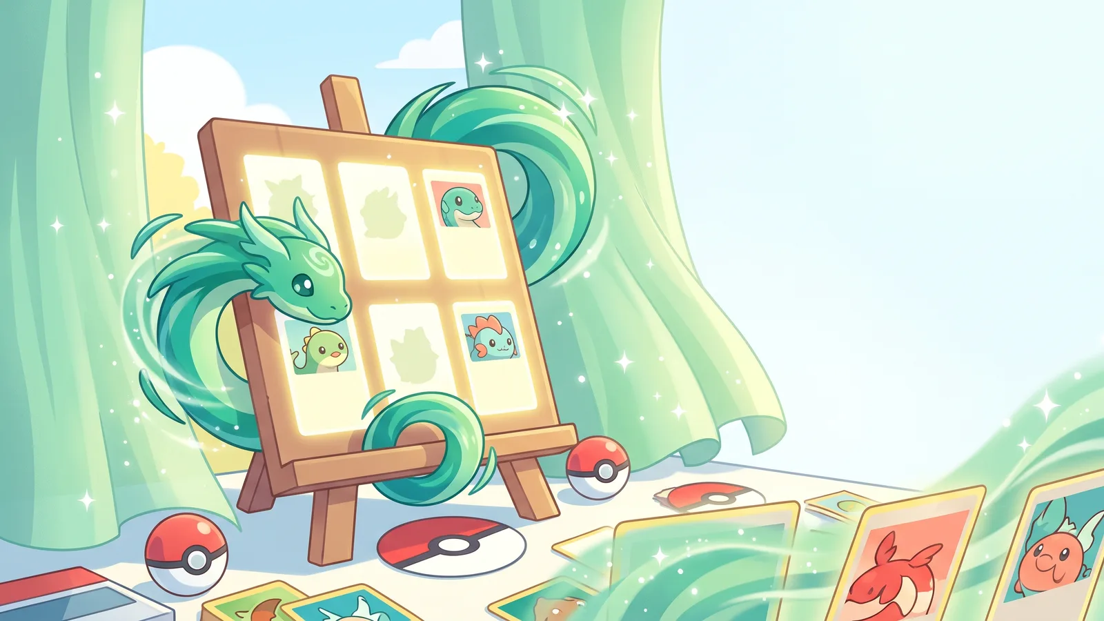 An emerald wind-dragon creature reveals glowing Pokemon-style trading cards on an easel as green storm curtains part in bright sunlight