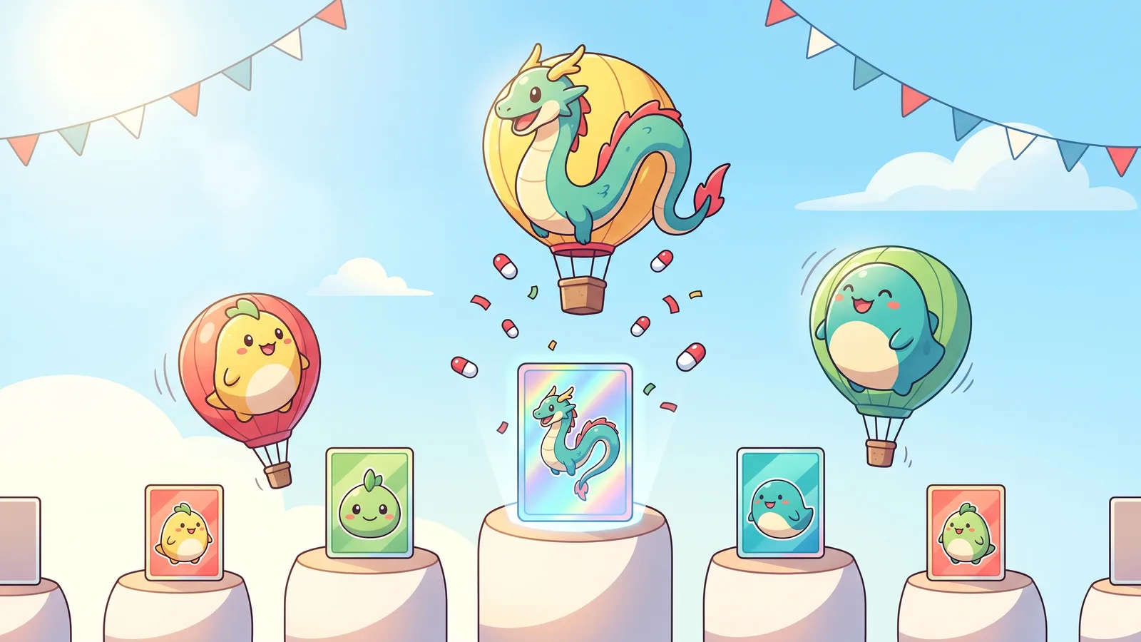 A glowing holographic dragon-creature card on a pedestal beneath a rising dragon-shaped balloon, flanked by two smaller balloons drifting down, in a sunny collectors market